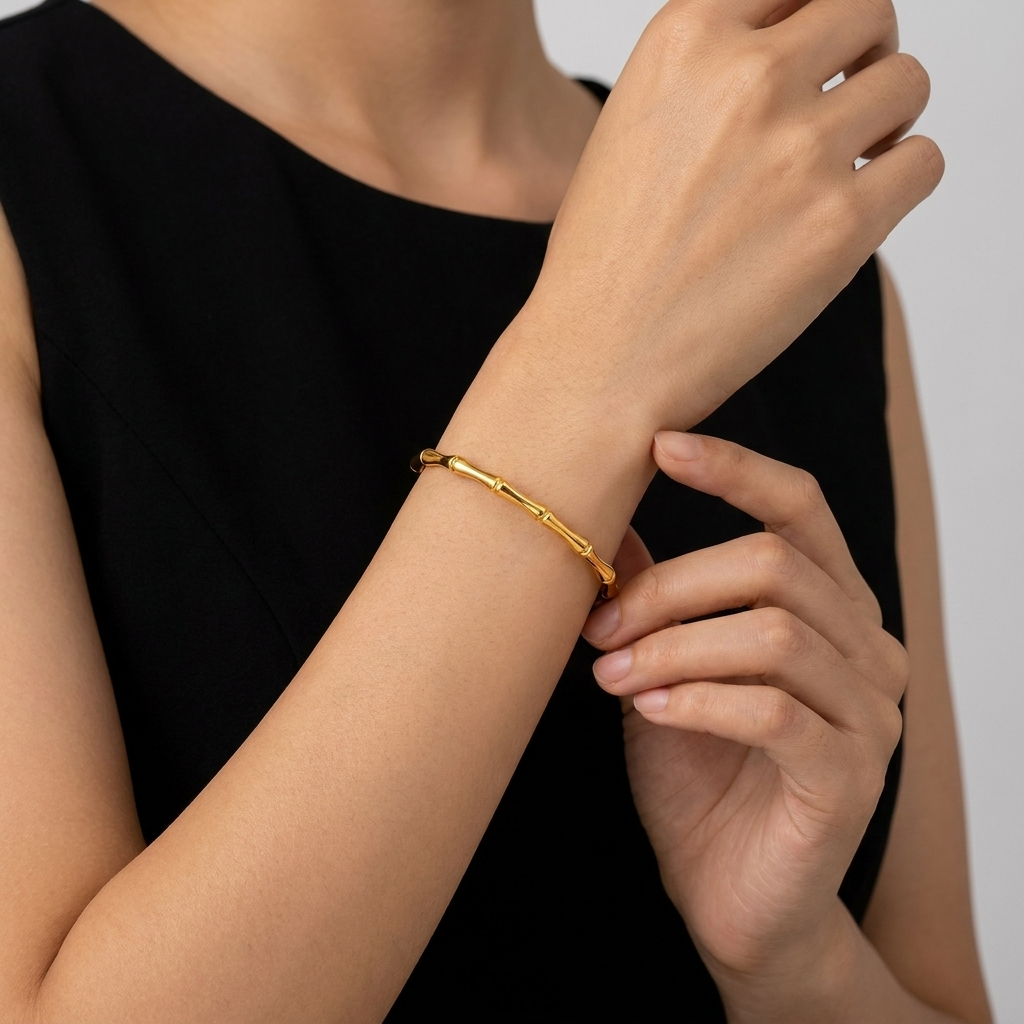 Emma Bamboo Gold Bangle with elegant bamboo-inspired design