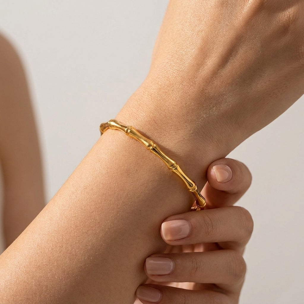 Emma Bamboo Gold Bangle with elegant bamboo-inspired design