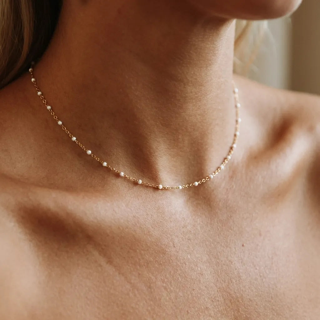 Fiona Beaded Necklace Close Up White Enamel Drops