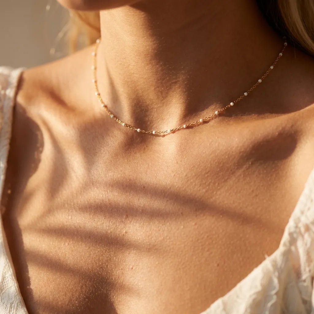 Fiona Beaded Necklace Close Up White Enamel Drops