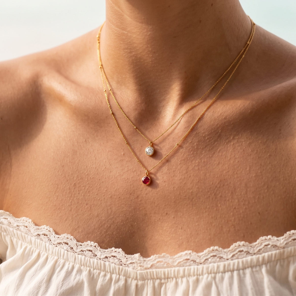 Close-up of the Birthstone Pendant worn on the neckline