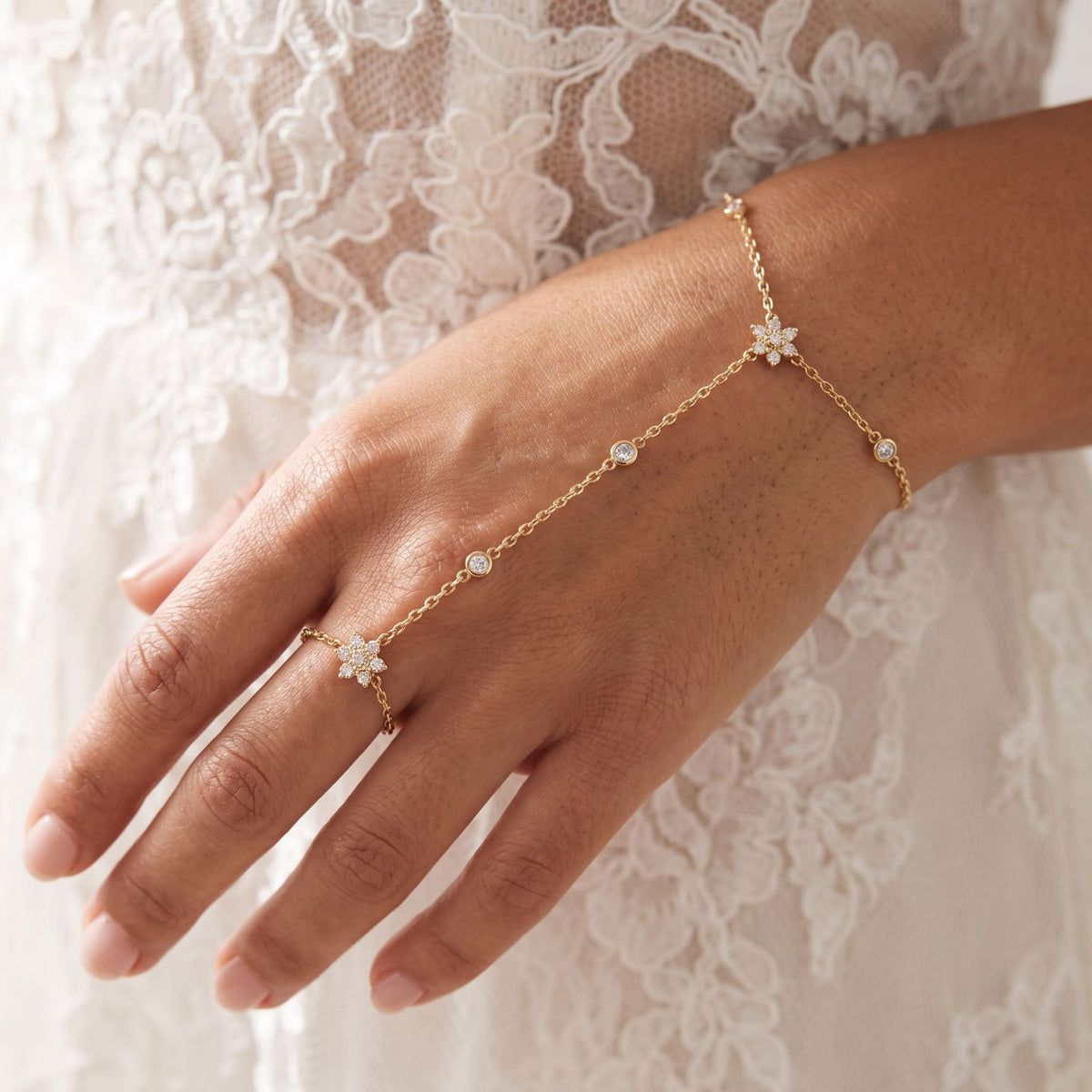 Bloom Hand Chain worn across the back of the hand, with the ring on the finger and the chain at the wrist.
