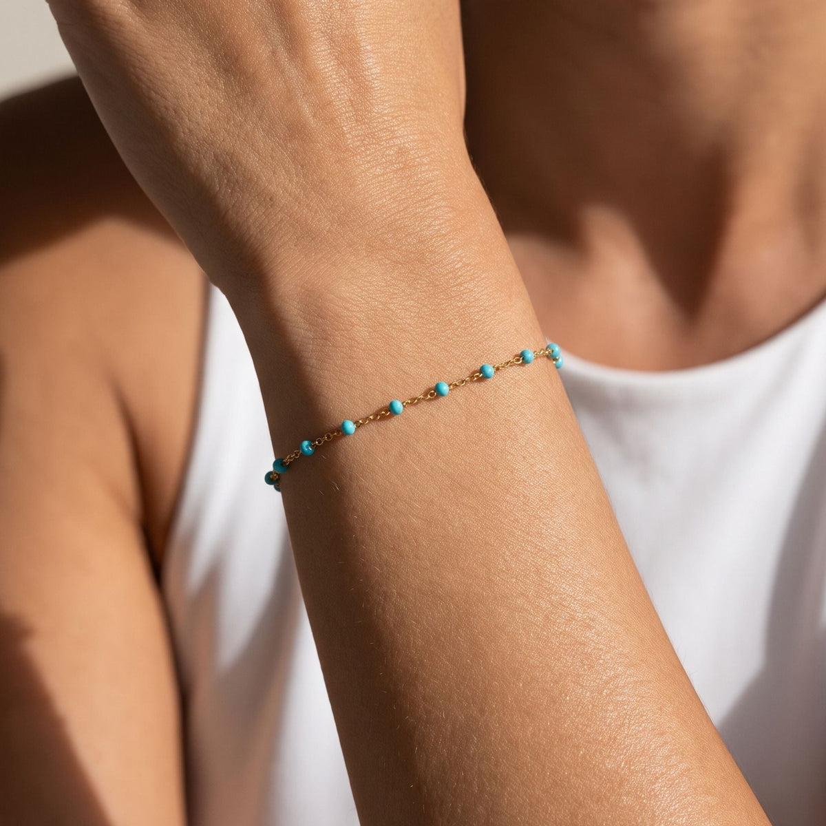 Capri Turquoise Bracelet worn on the wrist, photographed in natural daylight.