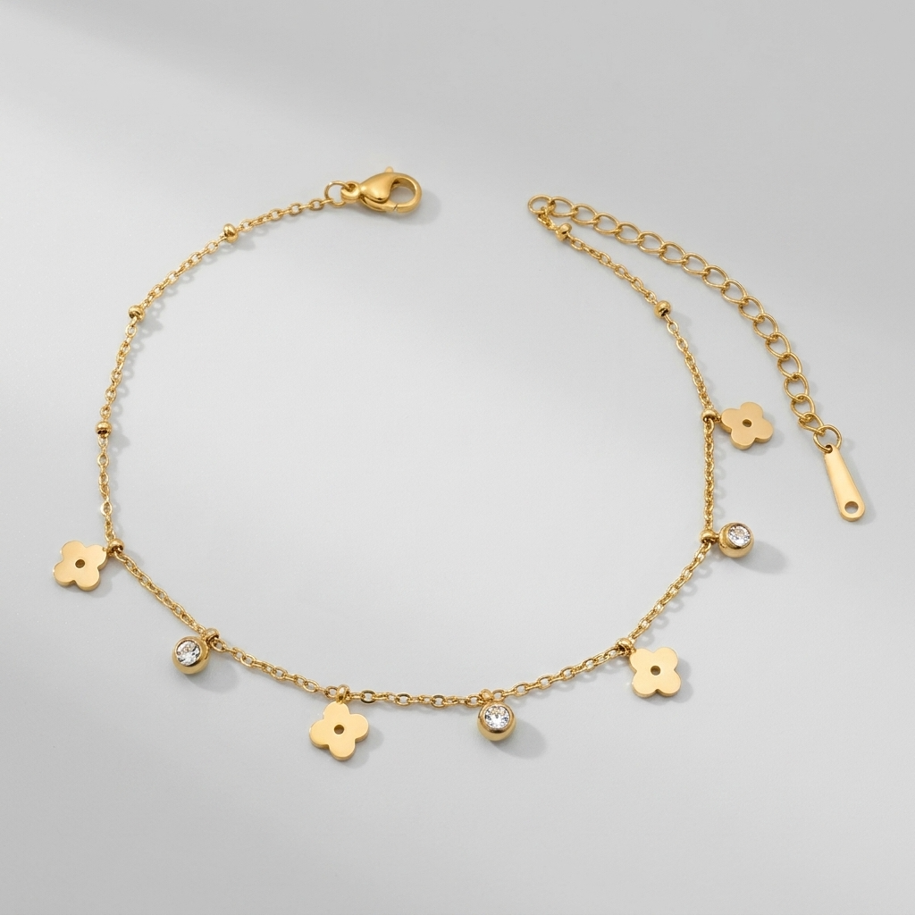 Denisse Crystal & Clover Charm Anklet