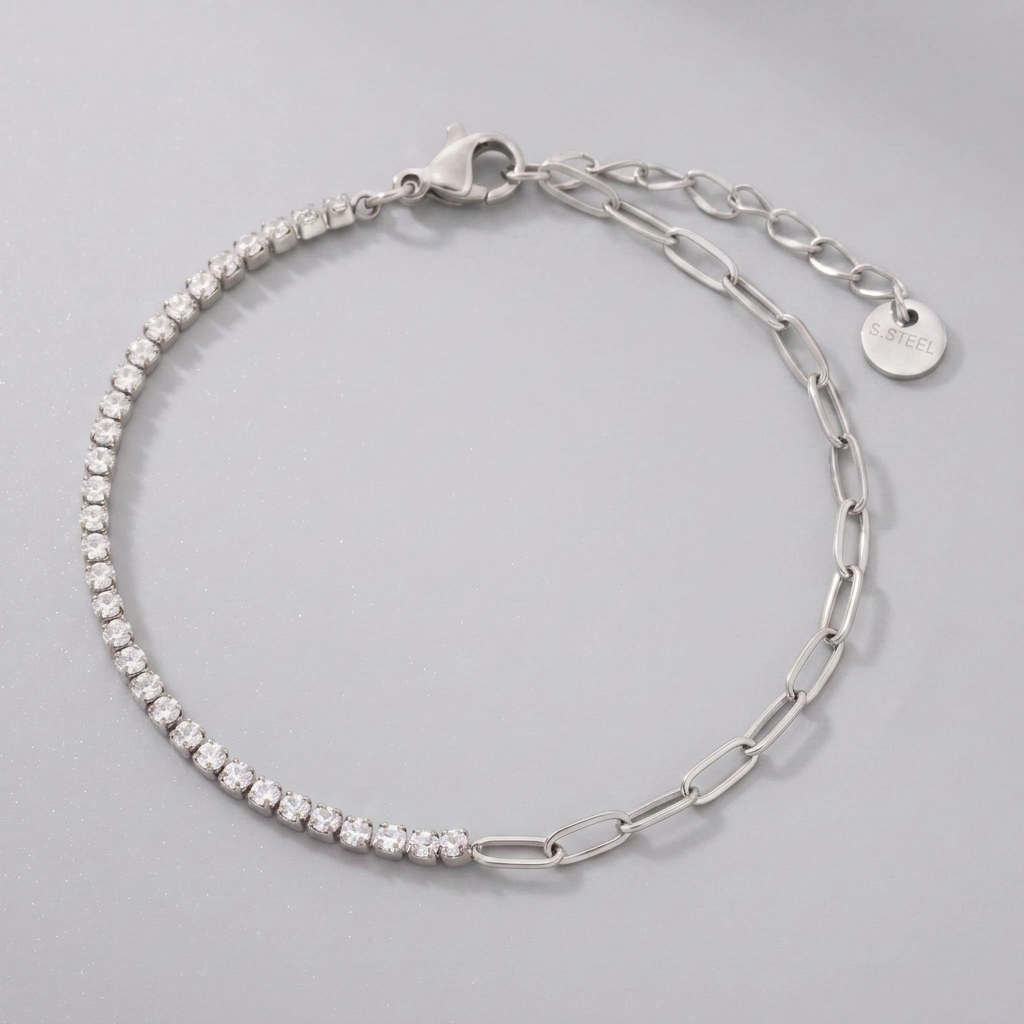 Tennis & Paperclip Silver Bracelet