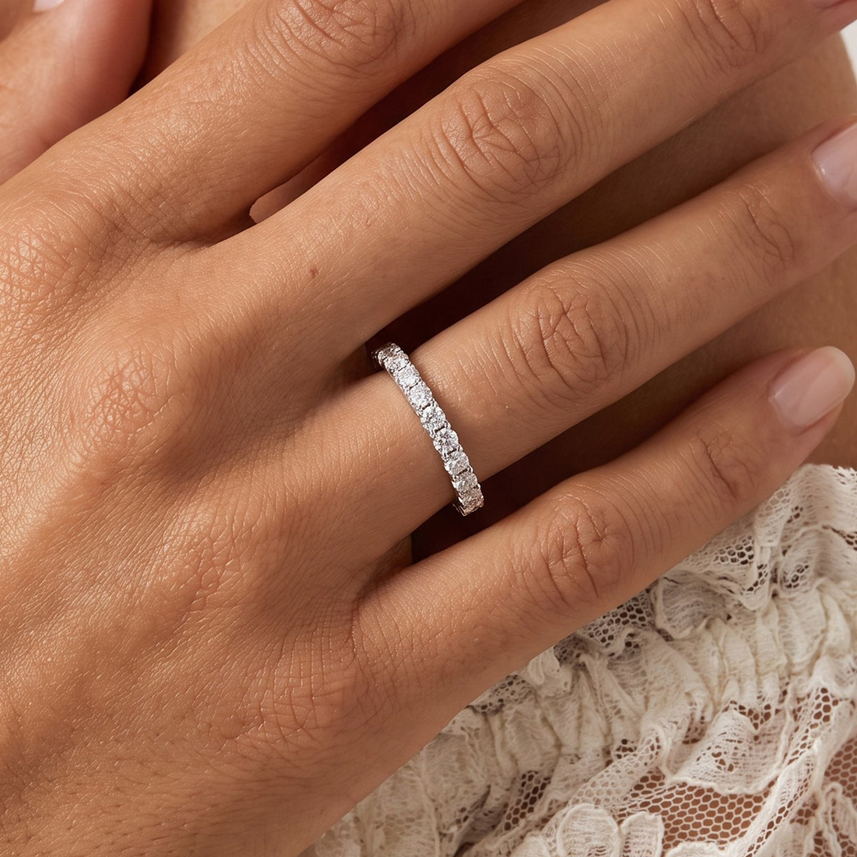 Close-up of the Eternity Ring worn on the finger