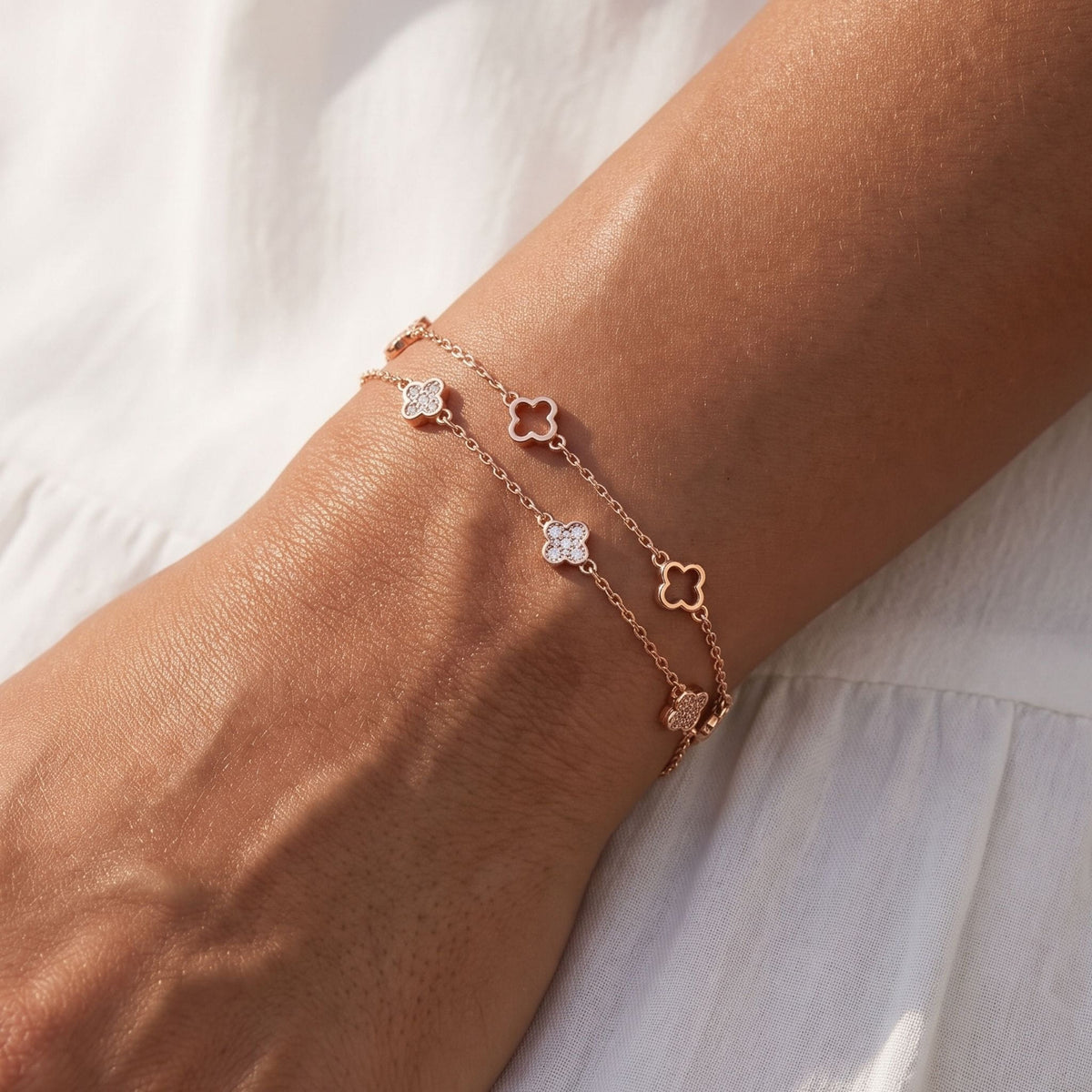 Fortuna Bracelet worn on the wrist, photographed in natural daylight.