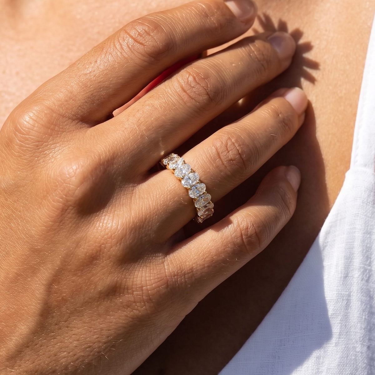 Close-up of the Gold Oval Ring worn on the finger