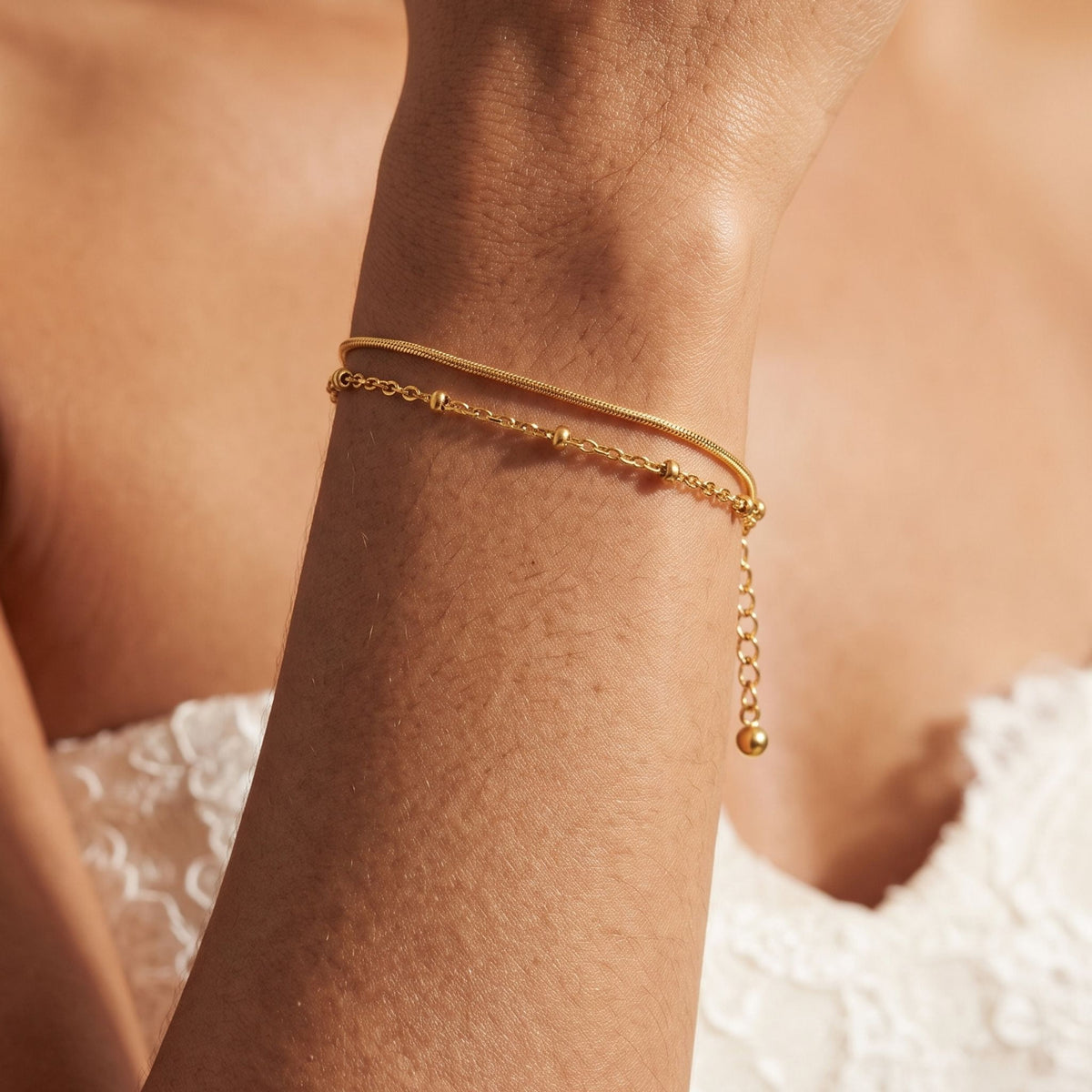 Herringbone Bead Bracelet worn on the wrist, photographed in natural daylight.