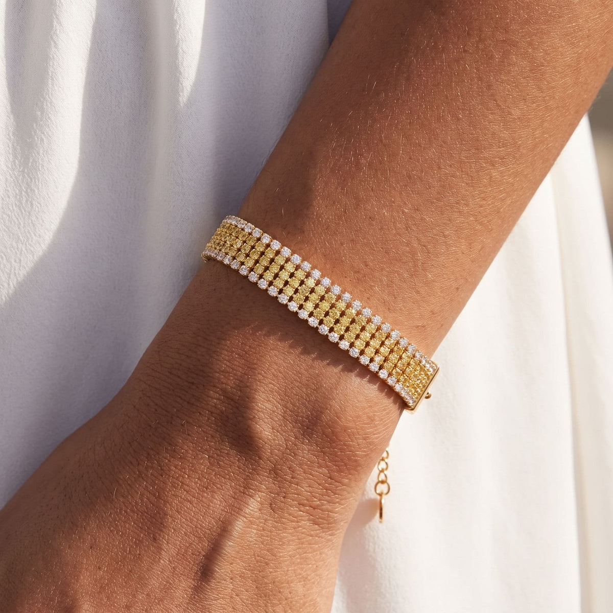 Honey Mesh Bracelet worn on the wrist, photographed in natural daylight.