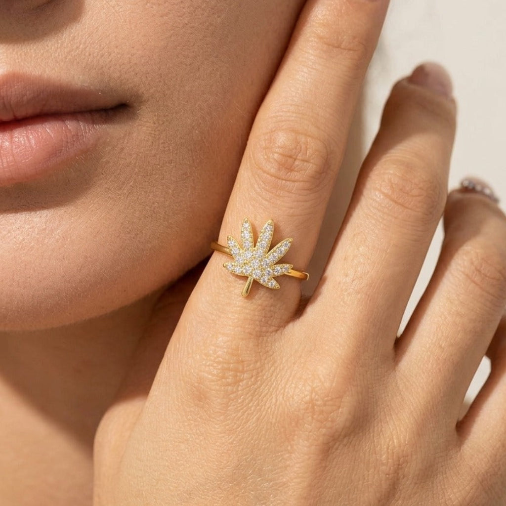 Lydia Crystal Leaf Ring in 14K Gold Finish with Premium Zircon Stones