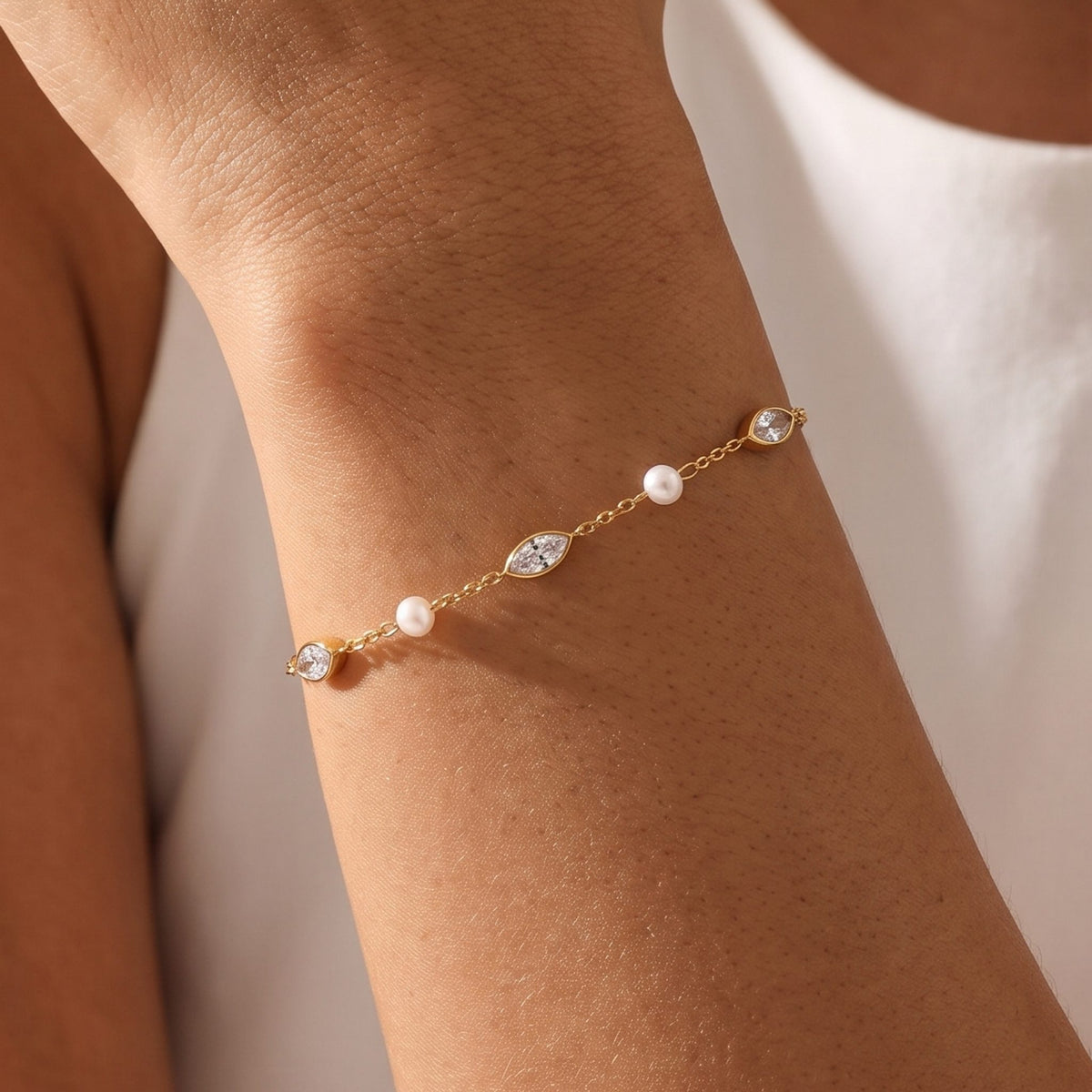 Close-up of the Marquise & Pearl Bracelet on the wrist, highlighting its marquise crystals and small pearls
