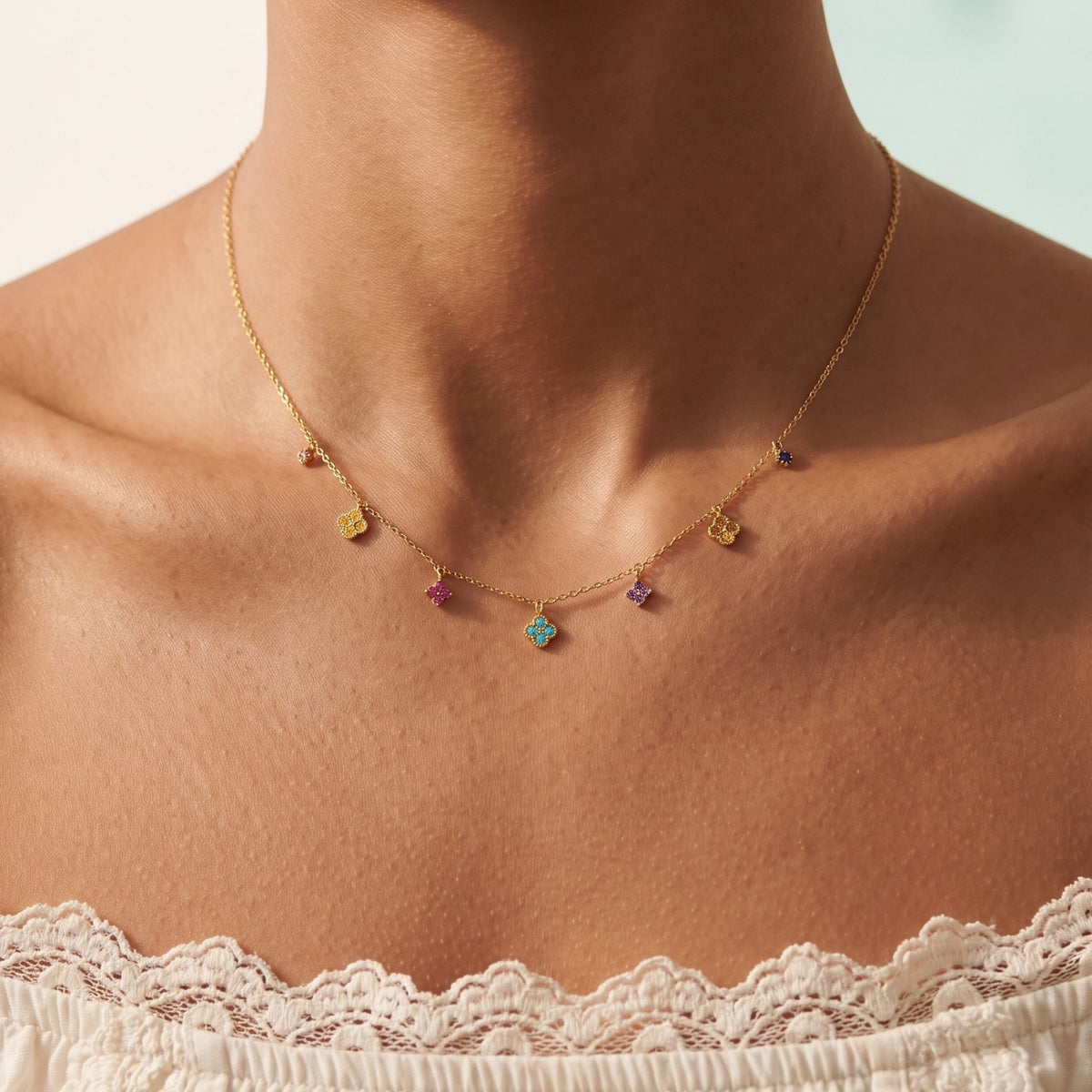 Close-up of the Prism Charm Necklace worn on the neckline