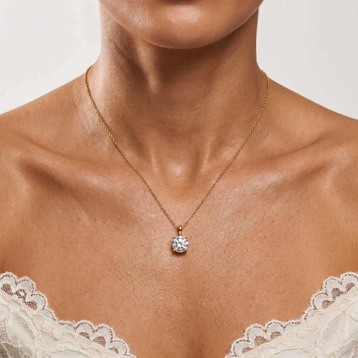Woman wearing the Round Solitaire Pendant on the neckline