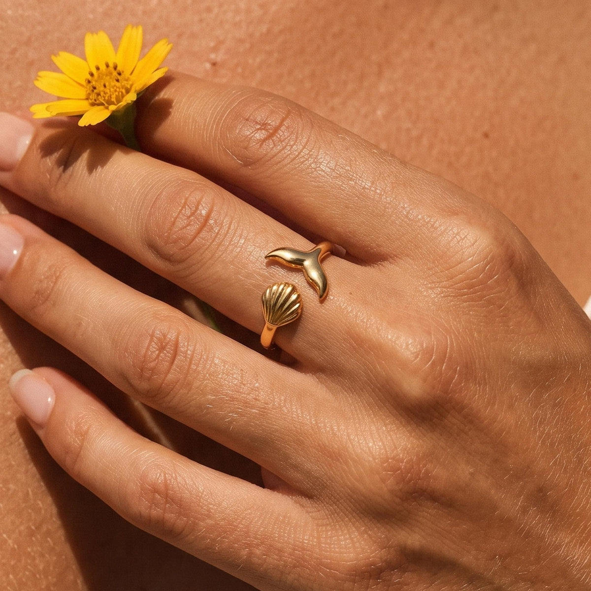 Close-up of the Tideline Ring worn on the finger