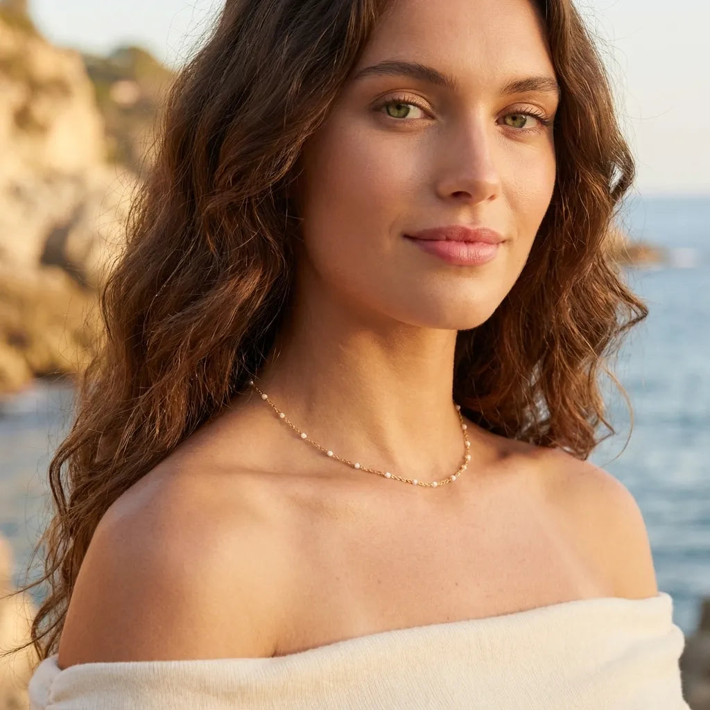 Fiona Beaded Necklace Close Up White Enamel Drops