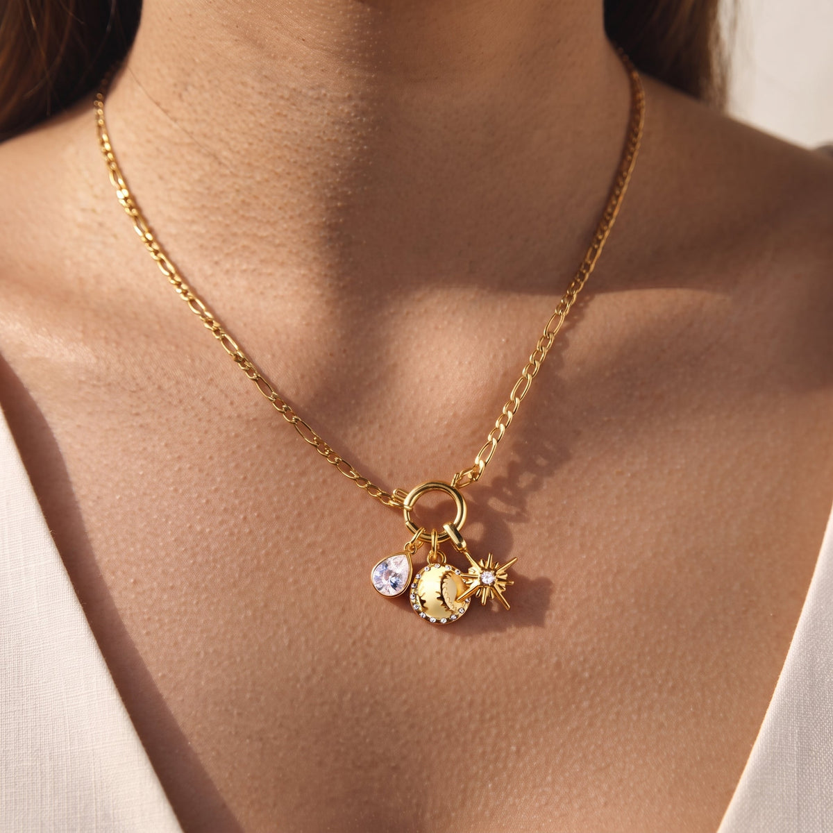 Tennis & Starburst Charm Gold Necklace