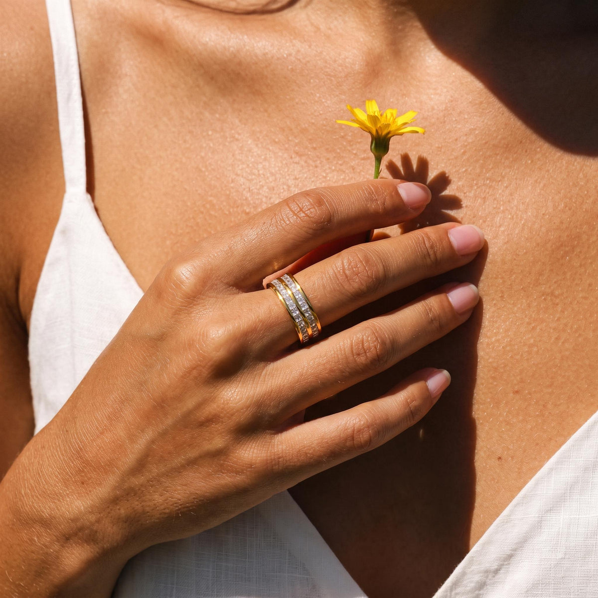 Wider view of a hand wearing the Baguette Line Ring