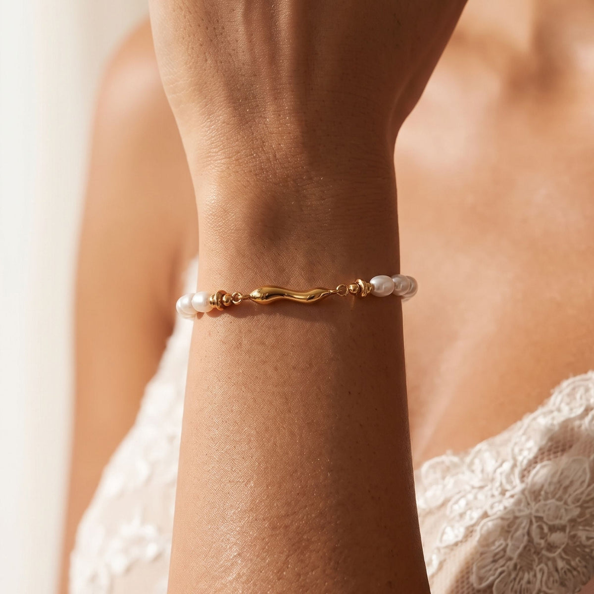 Baroque Pearl Bracelet worn on the wrist, photographed in natural daylight.