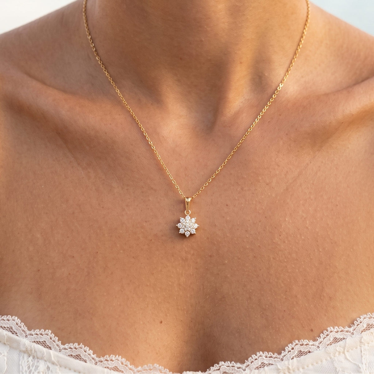 Close-up of the Bloom Cluster Pendant worn on the neckline
