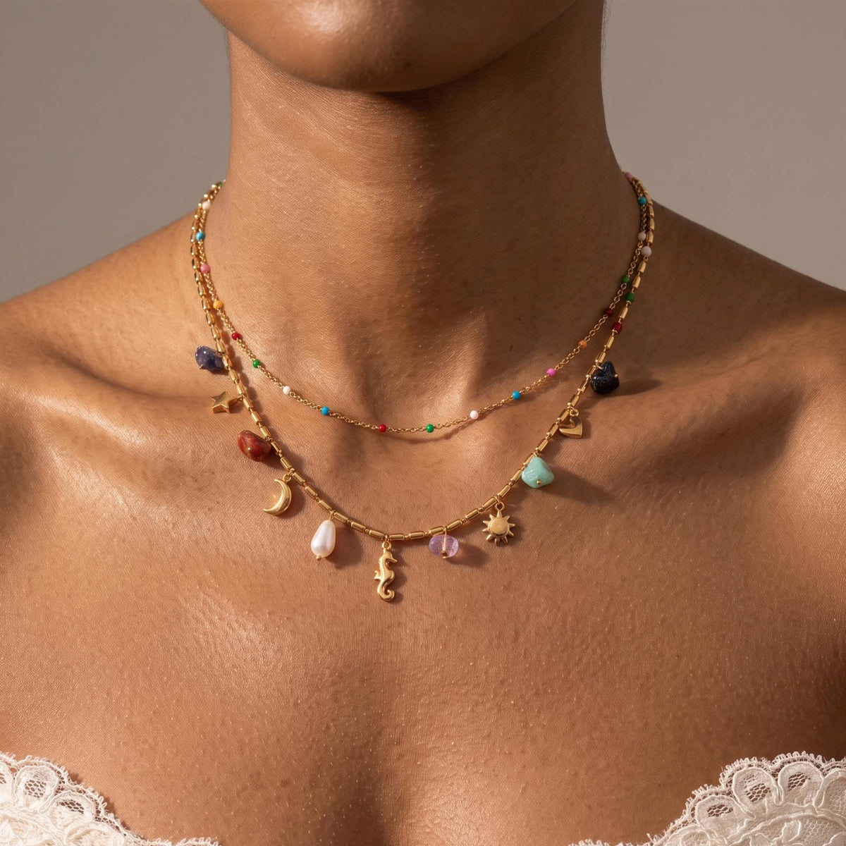 Close-up of the Bohemian Charm Necklace worn on the neckline
