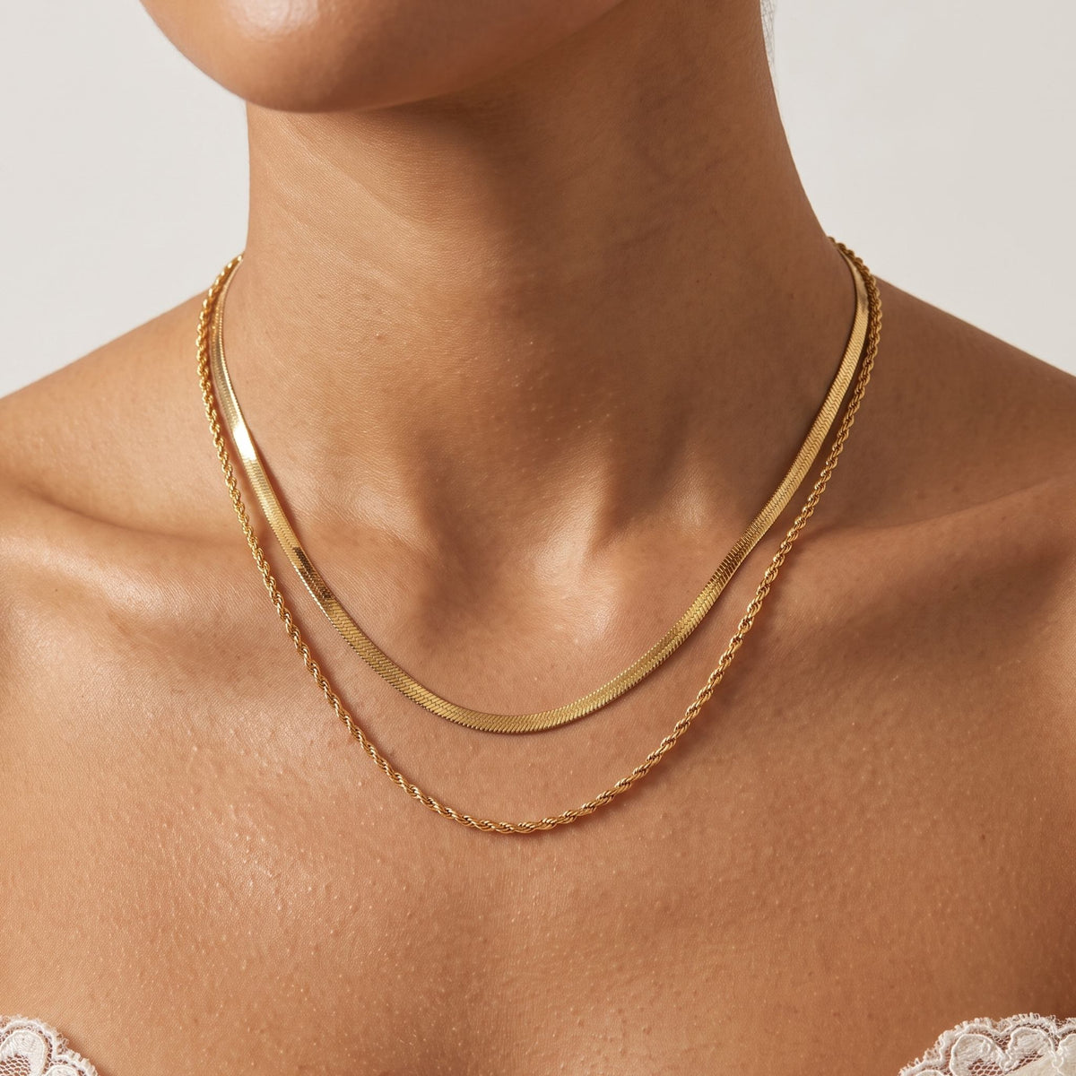 Close-up of the Bold Herringbone Necklace worn on the neckline