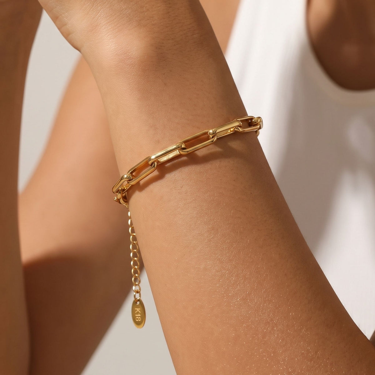 Bold Paperclip Bracelet worn on the wrist, photographed in natural daylight.