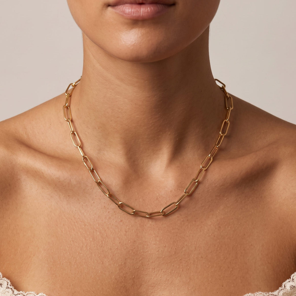 Close-up of the Bold Paperclip Necklace worn on the neckline