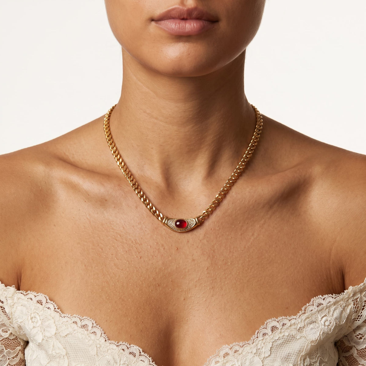 Wider view of a woman wearing the Crescent Plaque Necklace