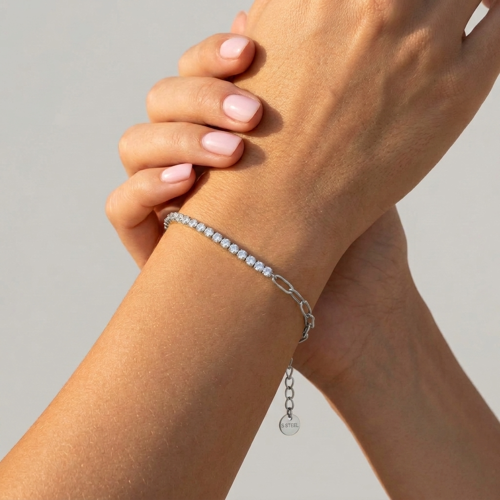 Tennis & Paperclip Silver Bracelet