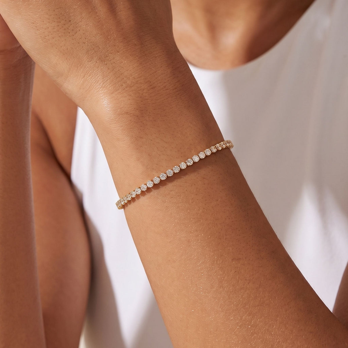 Fine Tennis Bracelet worn on the wrist, photographed in natural daylight.
