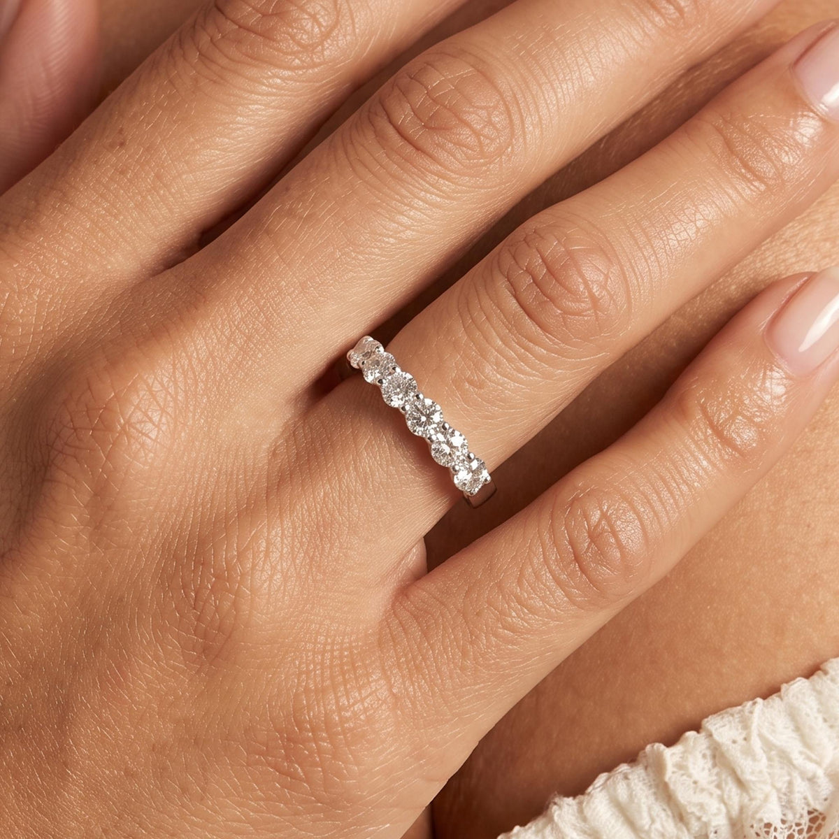 Close-up of the Five Stone Ring worn on the finger