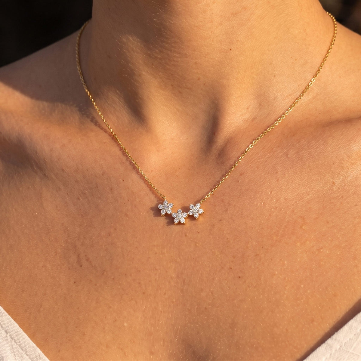 Close-up of the Flower Cluster Pendant worn on the neckline