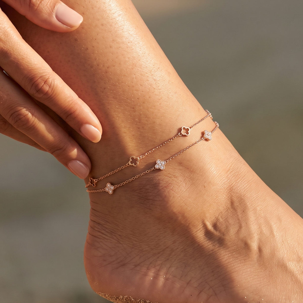 Close-up of the Fortuna Anklet worn on the ankle