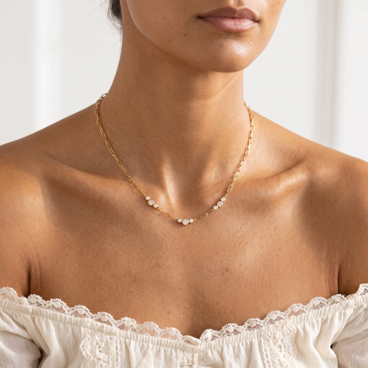 Woman wearing the Graduated Trio Necklace at the collarbone, paired with a white lace off-the-shoulder top