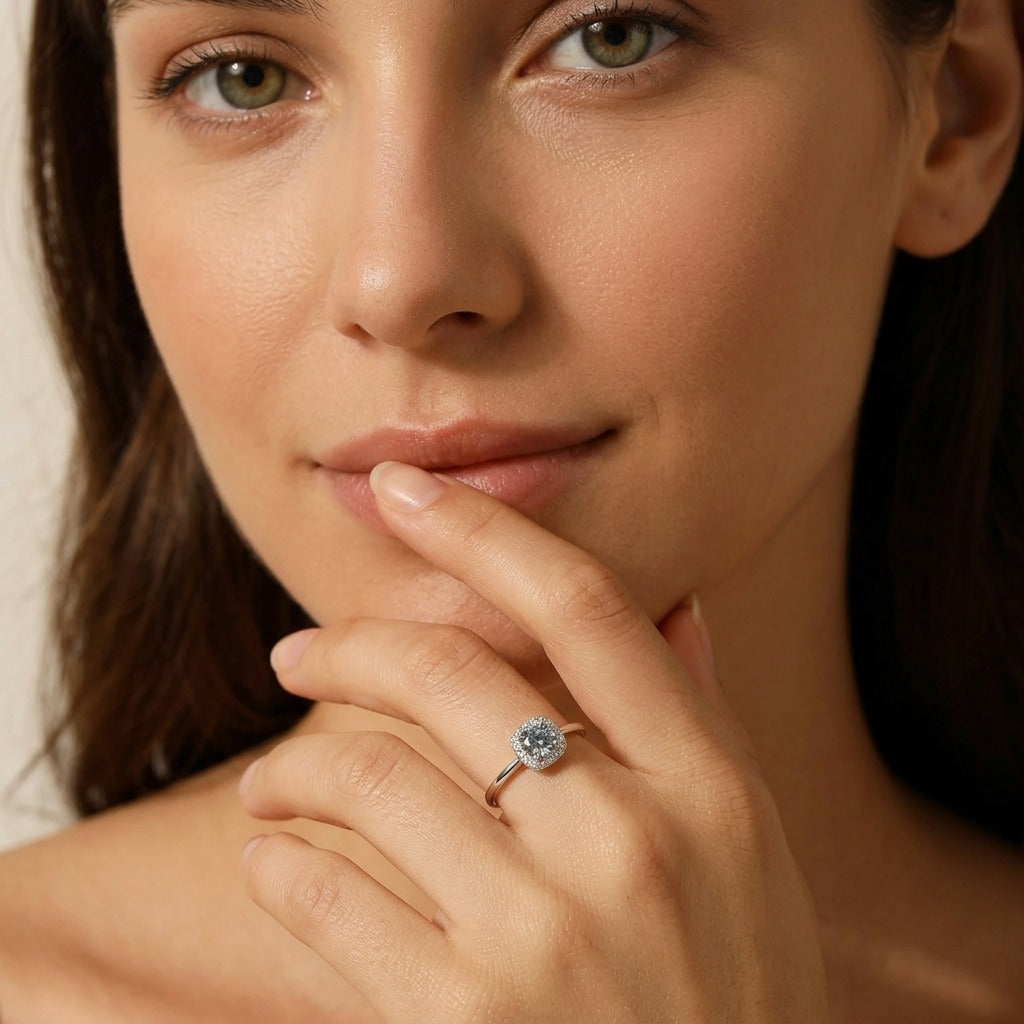 Isabelle Halo Silver Ring in sterling silver with sparkling crystal halo