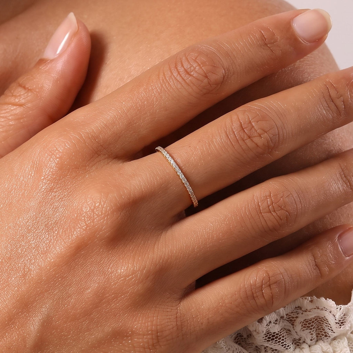 Close-up of the Micro Pavé Ring worn on the finger