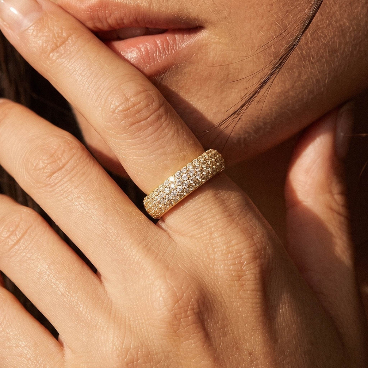 Close-up of the Pavé Dome Ring worn on the finger