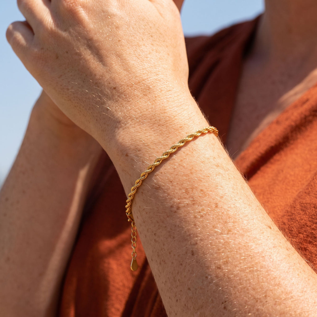 Ponza Rope Bracelet worn on the wrist, photographed in natural daylight.