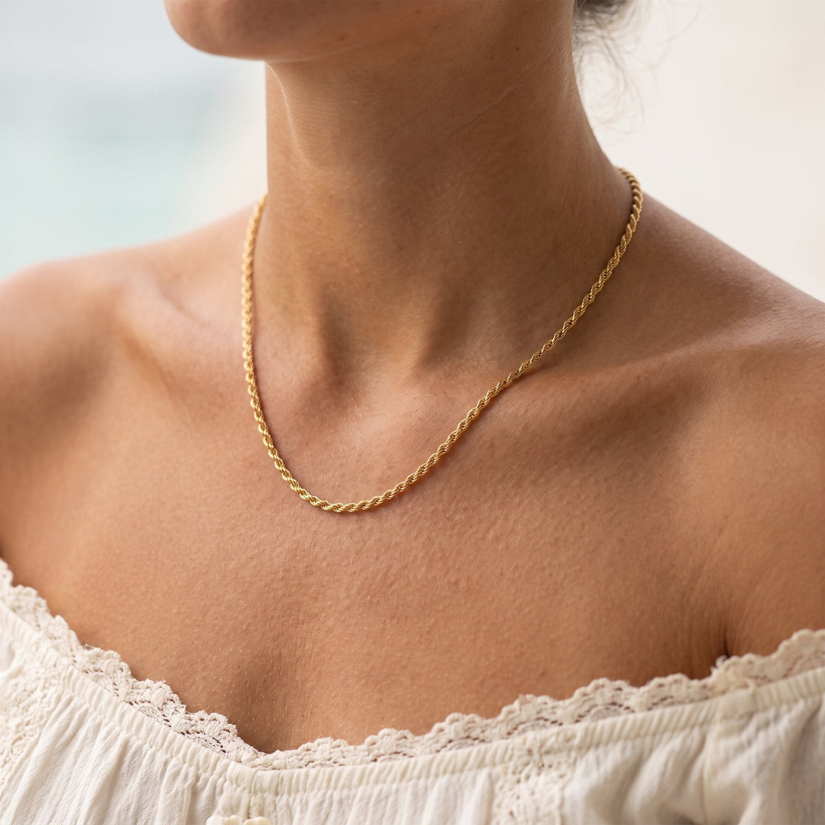 Wider view of a woman wearing the Rope Chain Necklace