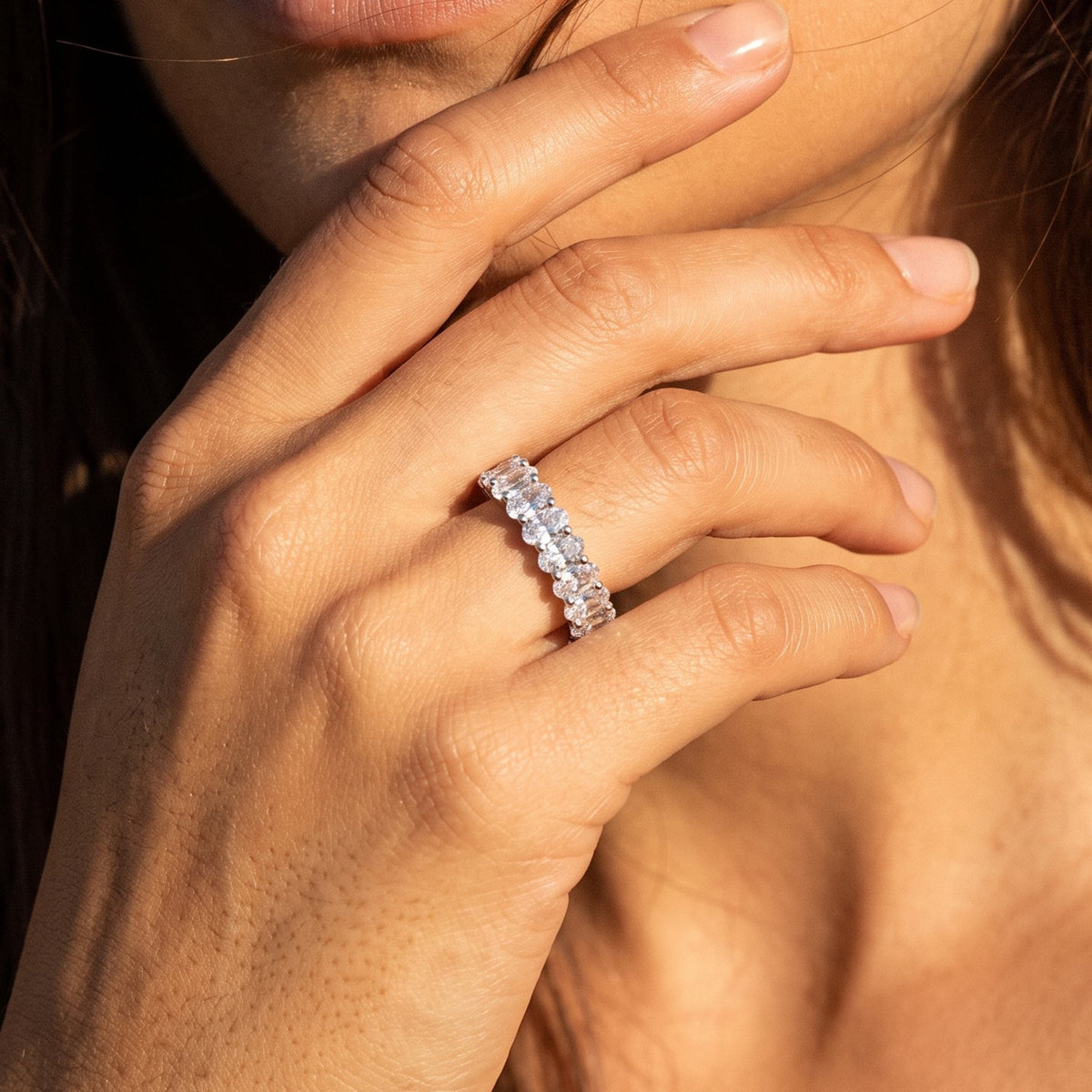 Close-up of the Silver Oval Ring worn on the finger