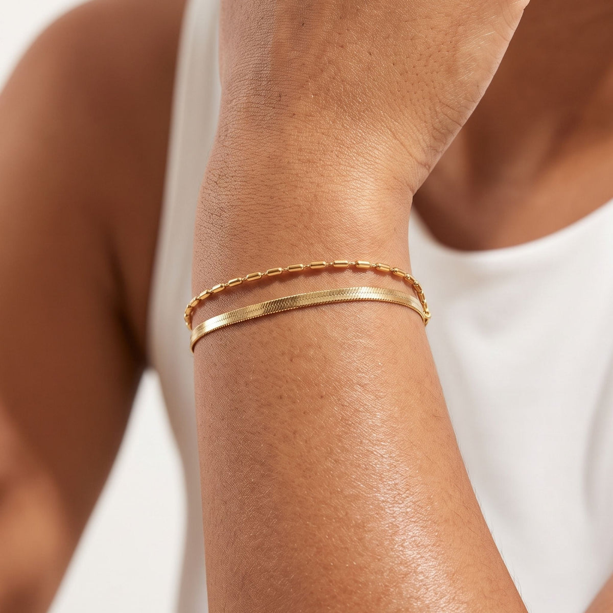 Snake Bead Bracelet worn on the wrist, photographed in natural daylight.