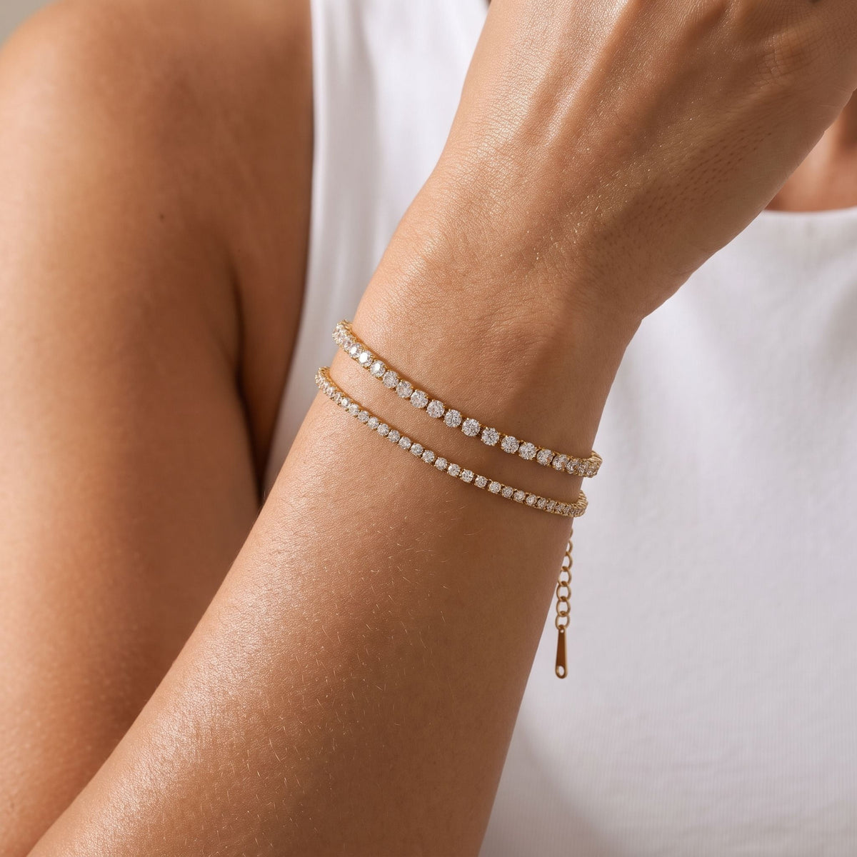Tennis Bracelet Set worn on the wrist, photographed in natural daylight.