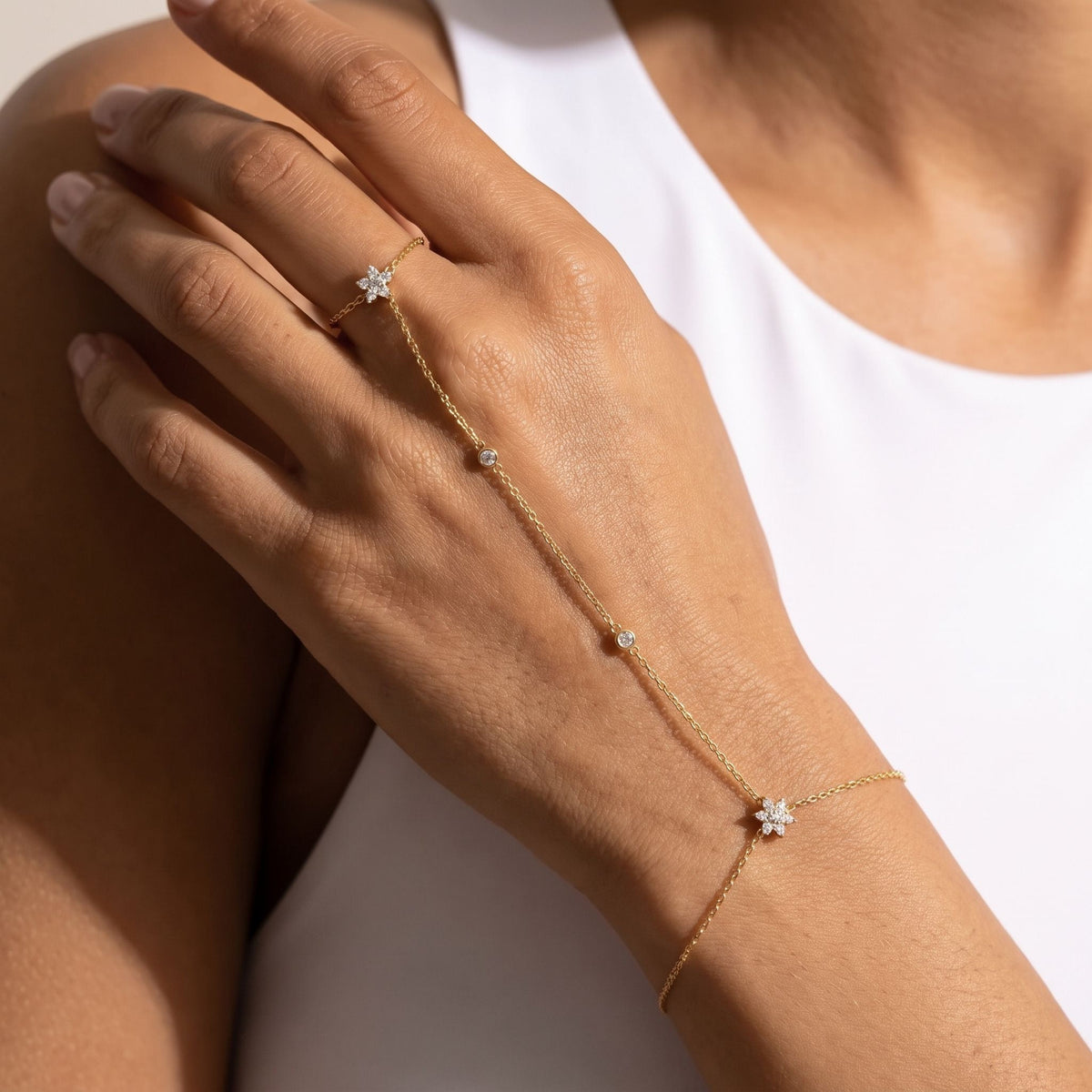Twin Flower Hand Chain worn across the back of the hand, with the ring on the finger and the chain at the wrist.